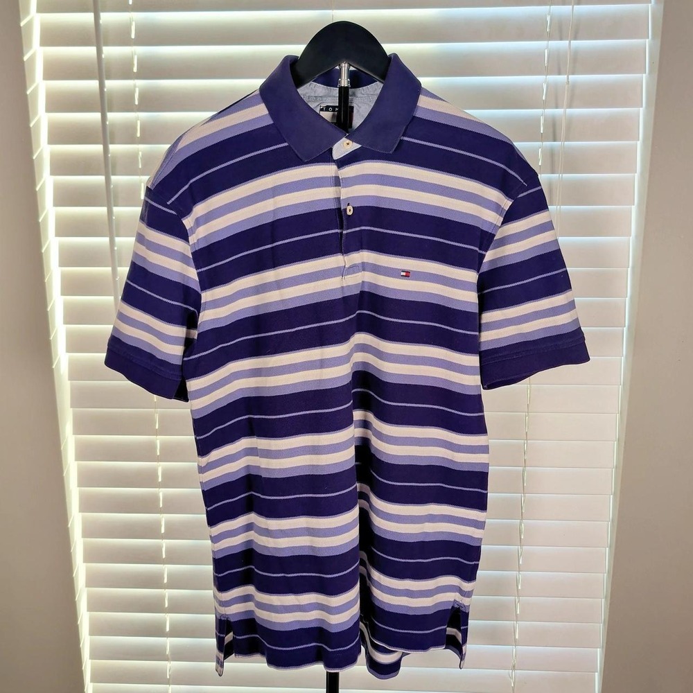 Vintage Tommy Hilfiger Purple Striped Polo Men's Large Flag Logo 100% Cotton